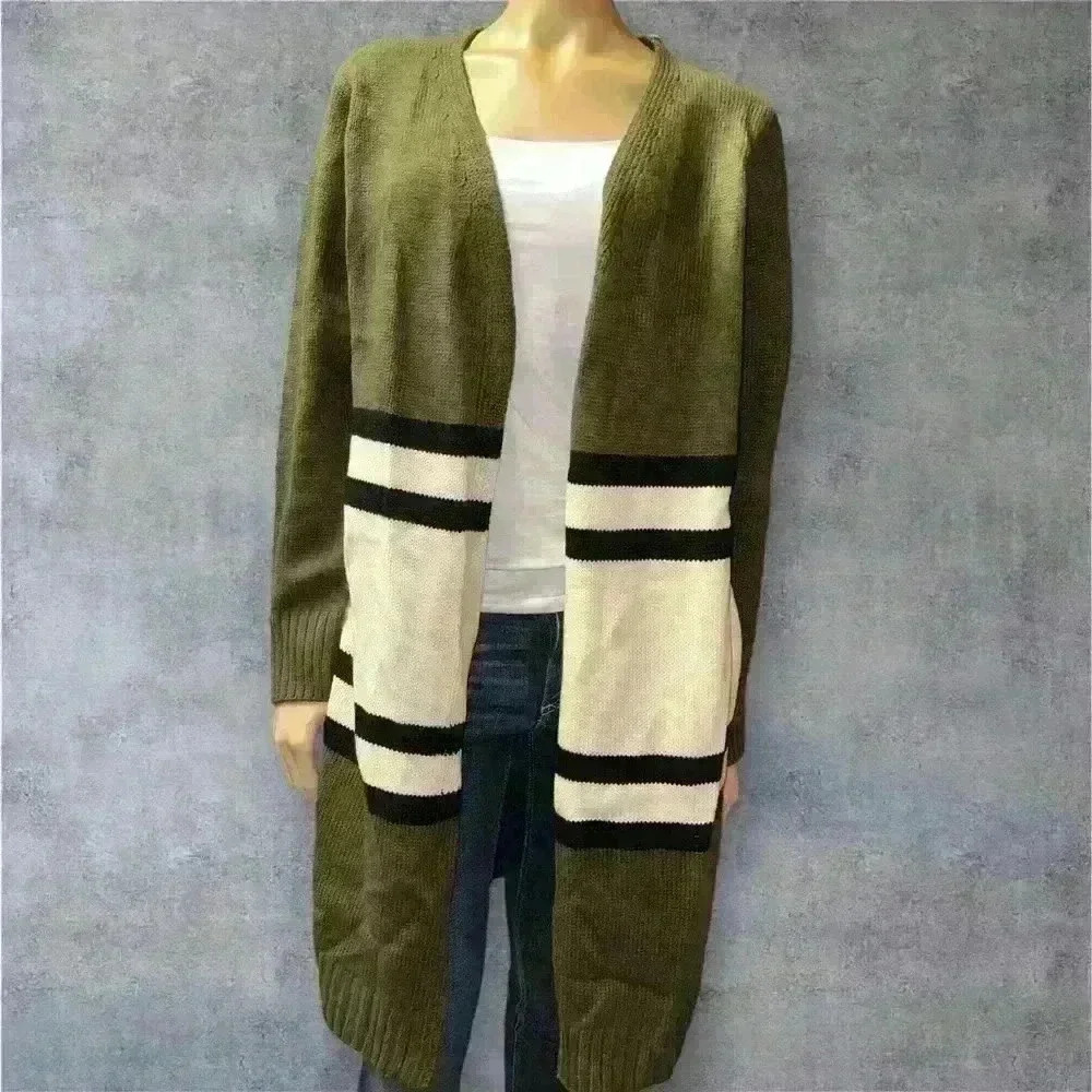 Jodifl women’s olive green striped open front knitted long cardigan sweater L